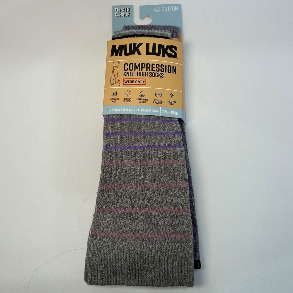 Muk Luks Women Compression Knee High Socks Wide Calf 2 Pair Pack Grey 6-10 New